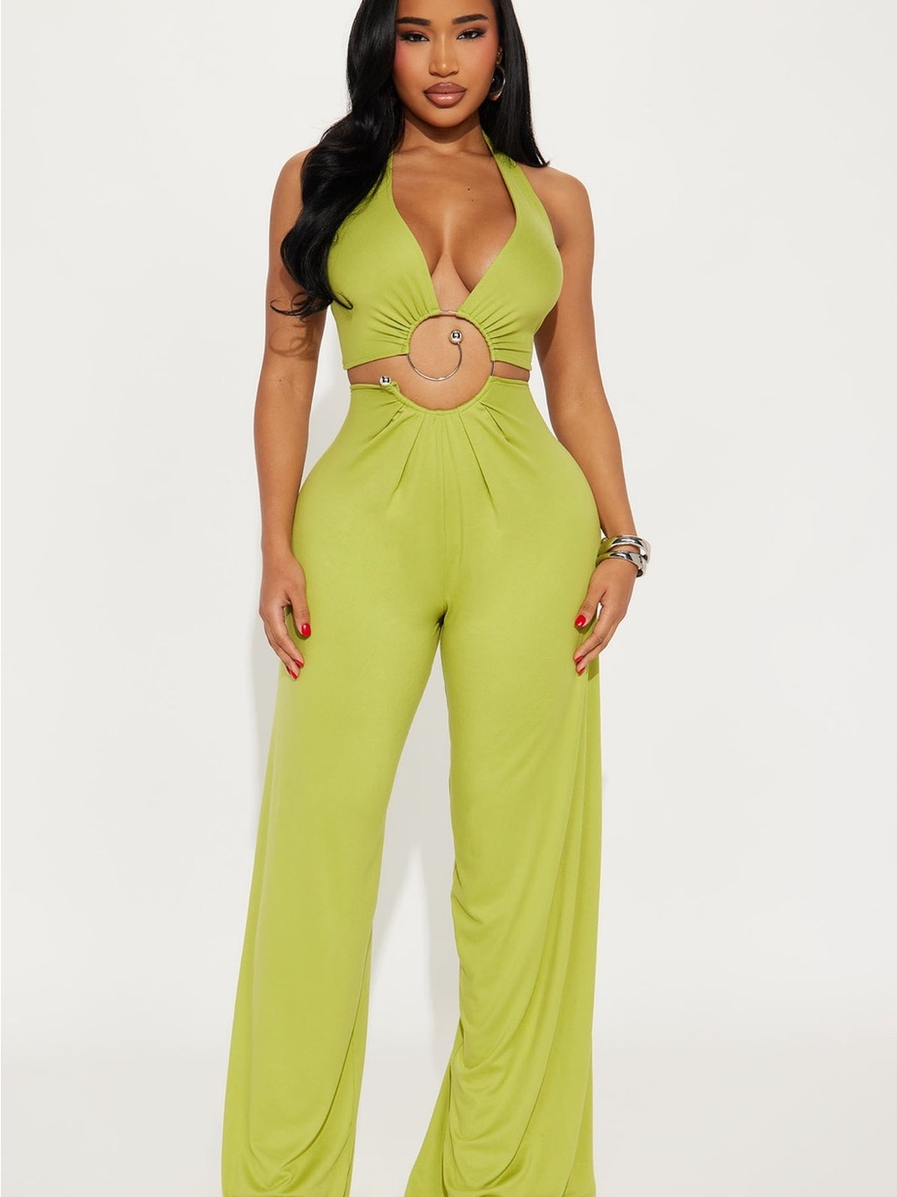 💚Fashion Nova Lime Green O-Ring Halter Wide Leg Jumpsuit | Tags Attached - Picture 1 of 4